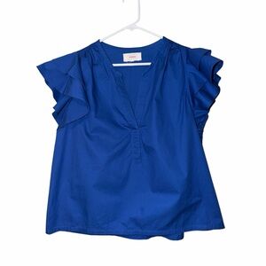 Xirena Ruffle V Neck Poplin Blouse In Blue Size L